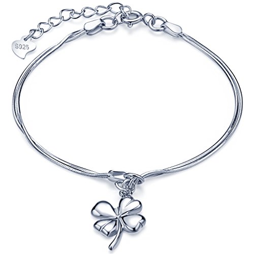 Infinito U- Pulsera para Mujer con Abalorio de Plata de Ley 925, Diseño de Trébol de Cuatro Hojas con Cadena de Extensión Pulsera Ajustable Color de Plateado Idea Regalo para Chicas