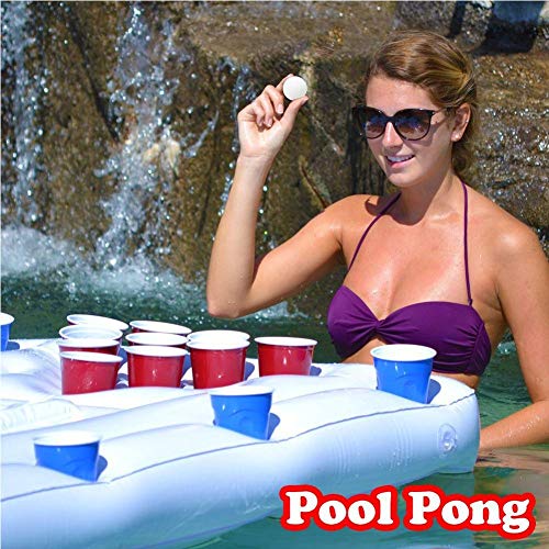 Inflable Cerveza Pong Mesa para Piscina con Enfriador, Piscina Cerveza Pong Hielo Cubo Cerveza Pong Piscina Flotador Salón Balsa para Adultos Fiesta - Blanco, Free Size