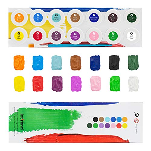 INT!REND Set de pinturas acrílicas | Pintura acrílica, 14 colores acrílicos, frascos de 18 ml con pincel para niños y adultos. Pintura para lienzo, madera, arcilla y papel