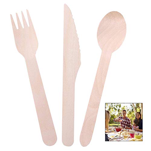 iPobie Cubiertos de Madera Desechables, 100% Natural, Ecológicos, y Biodegradables 30 Cucharas, 40 Tenedores, 30 Cuchillos, Elegante Alternativa al Plástico