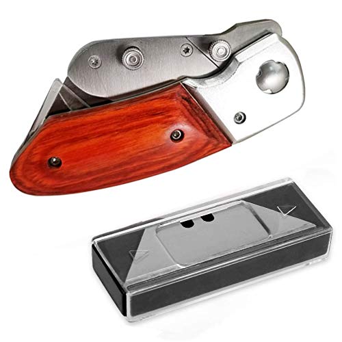 iPobie Cutter Plegable Cuchillo, Cuchillo Plegable con 10 Hojas Multiuso Navaja Táctica Cambio Rápido Cuchillo de Seguridad con Mango de Madera, Bloqueo Plegable Seguro, Mango Antideslizante