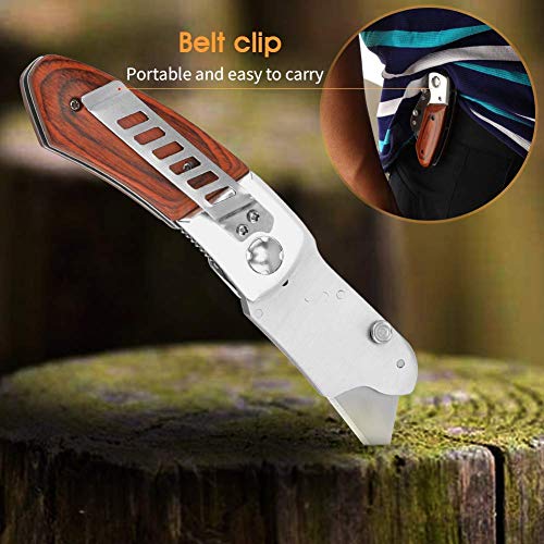 iPobie Cutter Plegable Cuchillo, Cuchillo Plegable con 10 Hojas Multiuso Navaja Táctica Cambio Rápido Cuchillo de Seguridad con Mango de Madera, Bloqueo Plegable Seguro, Mango Antideslizante