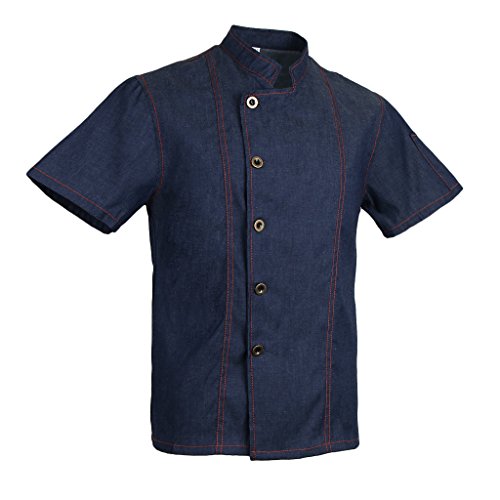 IPOTCH Camiseta de Cocinero Hombres Mujeres Denim Chef Jacket Buttons Baker Jacket Catering Clothing Chef Shirt Ropa de Trabajo para Cocineros - Azul, XL