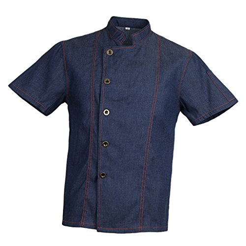 IPOTCH Camiseta de Cocinero Hombres Mujeres Denim Chef Jacket Buttons Baker Jacket Catering Clothing Chef Shirt Ropa de Trabajo para Cocineros - Azul, XL