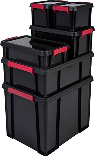 Iris Ohyama, caja apilable de almacenamiento con tapa - Multi Box - MBX-38, plástico, negro / rojo / claro, 38 L, 45,3 x 34,8 x 34,3 cm