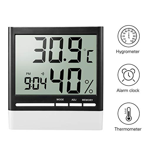 isermeo Termómetro Higrometro Digital con Gran LCD Pantalla Medidor Temperatura y Retroiluminación Azúl Interior Monitor de Humedad Temperatura con Medidor y Despertador