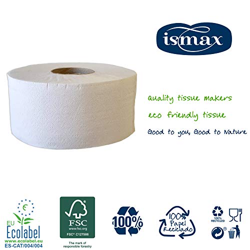 Ismax Rollos Papel Higiénico Industrial Eco Reciclado Baño WC Pack 18 Unidades - 400gr Rollo - 204 Metros Water Ecologico Natural XXL - 12150 (Capas 1)