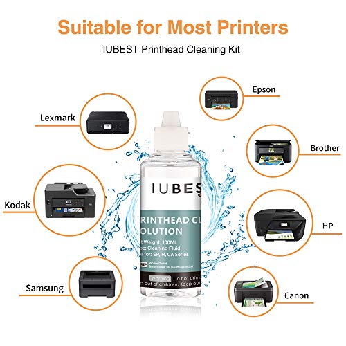 IUBEST Set Limpiador Cabezales de Impresora, Líquido Limpiador de Boquillas de 100 ml para Limpiar los Cabezales de Impresoras de Inyección de tinta Epson HP Canon