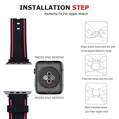 IvyLife Correa de Reemplazo Compatible con Apple Watch 42mm iWatch Series 4/3/2/1, Correa Ajustable de Repuesto de Silicona para iWatch, Negro y Rojo