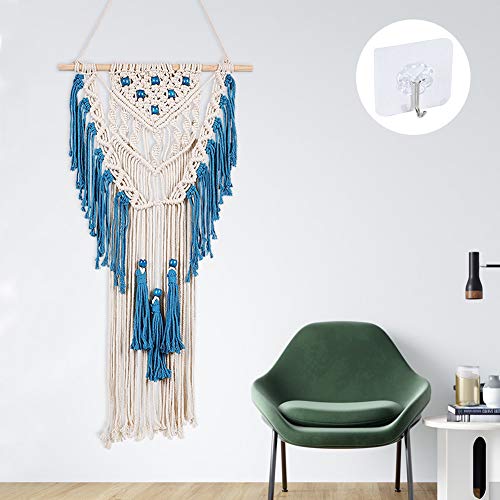 IZSUZEE Macrame Tapiz Pared Colgantes, Bohemio Hecho a Mano Art Boho Decor Alfombra para Interior y Exterior, Tapiz Tejido Boda Decoración Dormitorio Sala de Estar Telón de Fondo, Azul