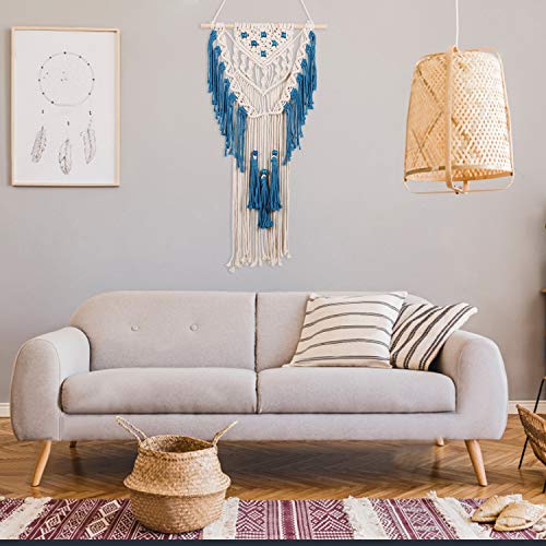 IZSUZEE Macrame Tapiz Pared Colgantes, Bohemio Hecho a Mano Art Boho Decor Alfombra para Interior y Exterior, Tapiz Tejido Boda Decoración Dormitorio Sala de Estar Telón de Fondo, Azul