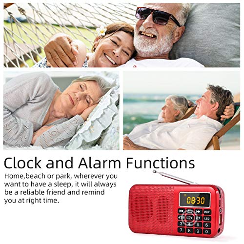 J-725C Radio FM portátil pequeña, Radio de batería Recargable Digital con Reloj Despertador, Linterna LED, Tiempo de reproducción ultralargo, Reproductor de MP3 AUX Micro-SD Pendrive, de PRUNUS(Rojo)