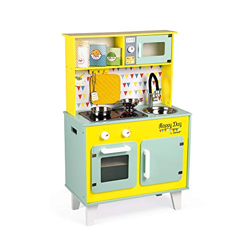 Janod - Gran Cocina de Madera Happy Day - Cocina para niños equipada con nevera y horno microondas, Sonido y Luz - Imitación y Despertar - 6 accesorios incluidos - A partir de 3 años (J06564)