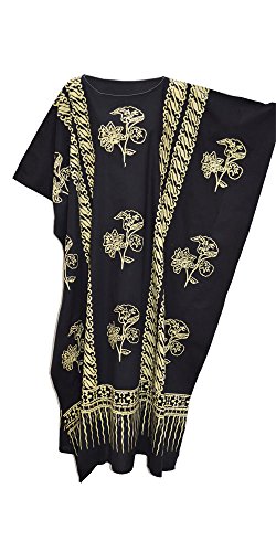 Java Kaftan - Vestido largo para mujer (algodón), color negro Negro amarillo Talla única