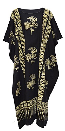 Java Kaftan - Vestido largo para mujer (algodón), color negro Negro amarillo Talla única