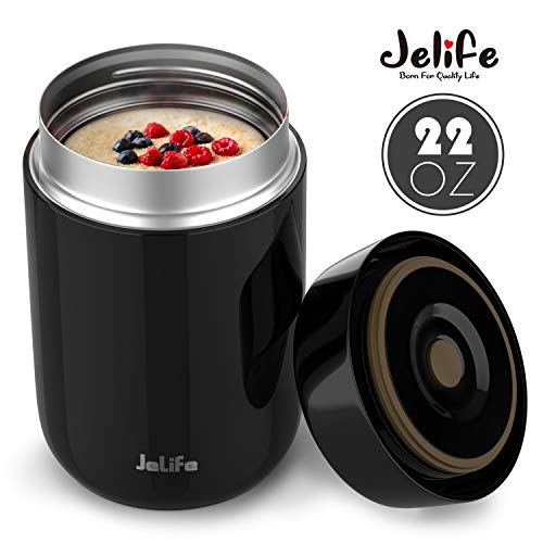 Jelife Termo para Comida Caliente 650ML Frascos Térmicos para Comida de Acero Inoxidable para Sólido Líquido Portátil Termo Adecuado para Alimentos Bebidas Adultos Niños Colegio Trabajo Viaje(Negro)