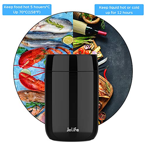 Jelife Termo para Comida Caliente 650ML Frascos Térmicos para Comida de Acero Inoxidable para Sólido Líquido Portátil Termo Adecuado para Alimentos Bebidas Adultos Niños Colegio Trabajo Viaje(Negro)