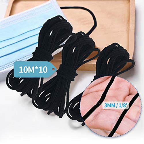 Jeteven 3mm x 100m Cordón Elástico, Cordón Goma Elástico Bandas, Elástico para Material de Costura, Manualidades, Mangas, Banda para el Cabello, Sombrero, Artesanías(Negro)