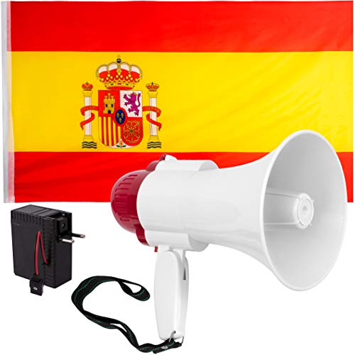 JEVX Megafono Portatil 4 en 1 con BATERIA Recargable + Bandera de España 145x90 Grande - Profesional Funcion Grabador y Reproductor de Voz 10 Segundos Altavoz con Control de Volumen Ajustable Correa