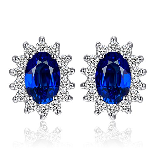 JewelryPalace Pendientes Princesa Diana William Kate Middleton Vintage Halo Oval 1.5ct Zafiro Azul Creado Piedra Preciosa Aretes Plata de ley 925