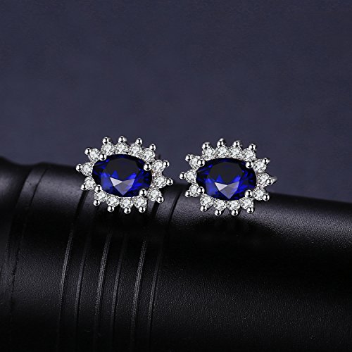 JewelryPalace Pendientes Princesa Diana William Kate Middleton Vintage Halo Oval 1.5ct Zafiro Azul Creado Piedra Preciosa Aretes Plata de ley 925