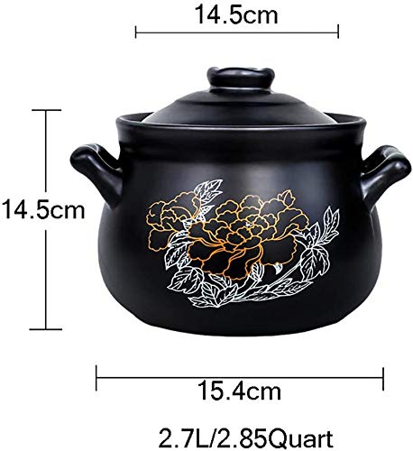 JIAFENG Sopa de cerámica cazuela Olla de Barro Estampado de Flores Olla de Barro refractario Redondo con Tapa para Olla de cocción Lenta Negro Saludable,Negro,2.85Quart