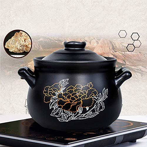 JIAFENG Sopa de cerámica cazuela Olla de Barro Estampado de Flores Olla de Barro refractario Redondo con Tapa para Olla de cocción Lenta Negro Saludable,Negro,2.85Quart