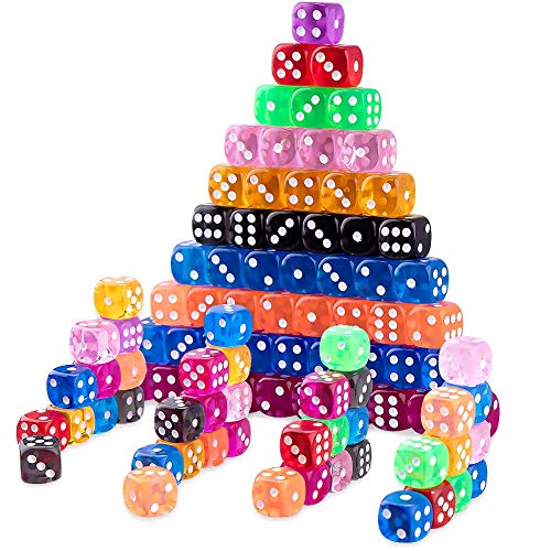 Jiahuade 100 Piezas Dados 6 Caras,Juego de Dados,Dados 10 Colores Translúcidos Dados con Bolsa de Almacenamiento Gratuita para Tenzi, Farkle, Yahtzee, Bunco o la enseñanza de Las matemáticas