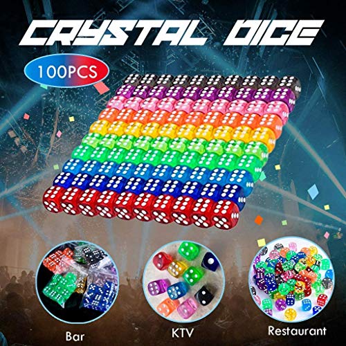 Jiahuade 100 Piezas Dados 6 Caras,Juego de Dados,Dados 10 Colores Translúcidos Dados con Bolsa de Almacenamiento Gratuita para Tenzi, Farkle, Yahtzee, Bunco o la enseñanza de Las matemáticas