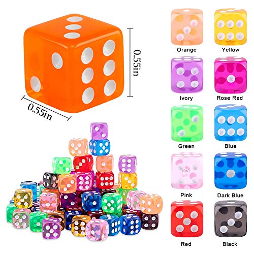 Jiahuade 100 Piezas Dados 6 Caras,Juego de Dados,Dados 10 Colores Translúcidos Dados con Bolsa de Almacenamiento Gratuita para Tenzi, Farkle, Yahtzee, Bunco o la enseñanza de Las matemáticas