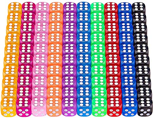 Jiahuade 100 Piezas Dados 6 Caras,Juego de Dados,Dados 10 Colores Translúcidos Dados con Bolsa de Almacenamiento Gratuita para Tenzi, Farkle, Yahtzee, Bunco o la enseñanza de Las matemáticas