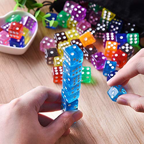 Jiahuade 100 Piezas Dados 6 Caras,Juego de Dados,Dados 10 Colores Translúcidos Dados con Bolsa de Almacenamiento Gratuita para Tenzi, Farkle, Yahtzee, Bunco o la enseñanza de Las matemáticas