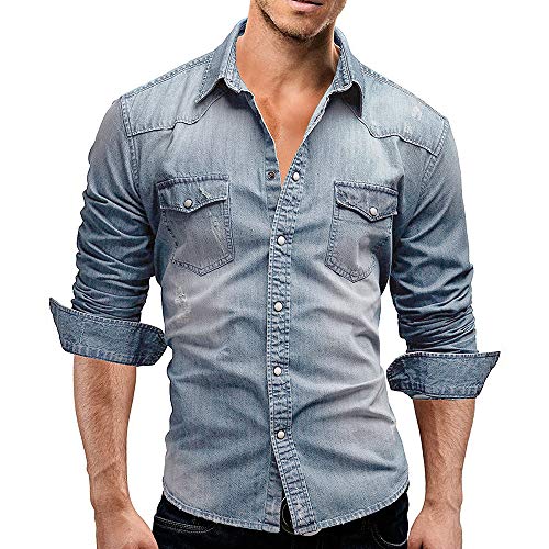 Jiayuan Camisa Vaquera Camisa Vaquera de algodón para Hombre Moda Primavera y otoño Camisa Vaquera Delgada de Manga Larga Moda Lavado Slim Top 3XL