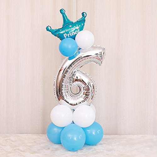 JinSu 6 Años Plata Decoracion Globos de Cumpleaños para Niño Niña, 14 PCS con Cumpleaños Globos Numero 6, Globos de Crown y Globos de Látex