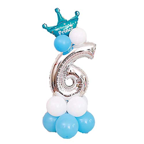 JinSu 6 Años Plata Decoracion Globos de Cumpleaños para Niño Niña, 14 PCS con Cumpleaños Globos Numero 6, Globos de Crown y Globos de Látex