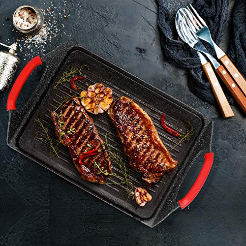 Jonas Plancha Grill Cocina con Revestimiento Piedra sin PFOA Antiadherente - Dimensiones: 34 x 26 x 2,2 cm – Grill Inducción, Gas, Eléctrica, Vitrocerámica y Horno - Asas de Silicona Extraíbles