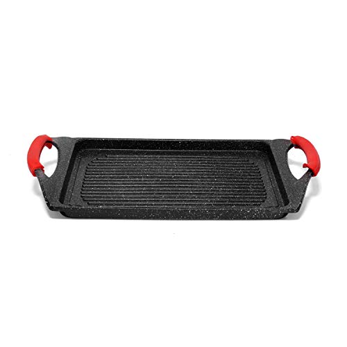 Jonas Plancha Grill Cocina con Revestimiento Piedra sin PFOA Antiadherente - Dimensiones: 34 x 26 x 2,2 cm – Grill Inducción, Gas, Eléctrica, Vitrocerámica y Horno - Asas de Silicona Extraíbles