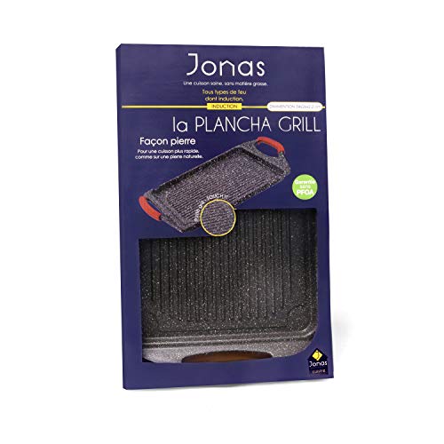 Jonas Plancha Grill Cocina con Revestimiento Piedra sin PFOA Antiadherente - Dimensiones: 34 x 26 x 2,2 cm – Grill Inducción, Gas, Eléctrica, Vitrocerámica y Horno - Asas de Silicona Extraíbles