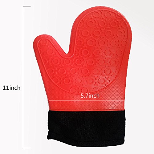 Jonhen Guantes de Silicona Resistentes al Calor Antideslizantes con Forro de algodón para Cocina, Horno, 1 par, Cepillo Extra y Soporte para Maceta (Rojo)