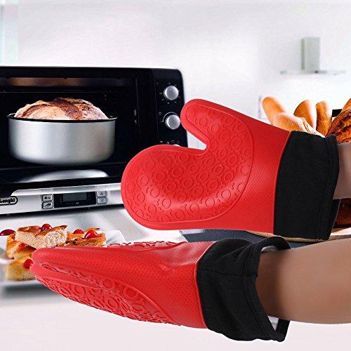 Jonhen Guantes de Silicona Resistentes al Calor Antideslizantes con Forro de algodón para Cocina, Horno, 1 par, Cepillo Extra y Soporte para Maceta (Rojo)