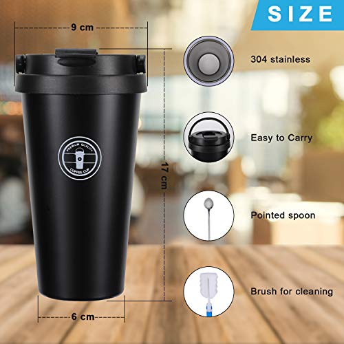 Jovego Termo Taza de Café, 500ml Vaso Termico de Viaje 100% a Prueba de Fugas, Taza de Acero Inoxidable para Beber con Aislamiento de Doble Pared, Tazas Cafe Reutilizable para Niños & Adultos(Negro)