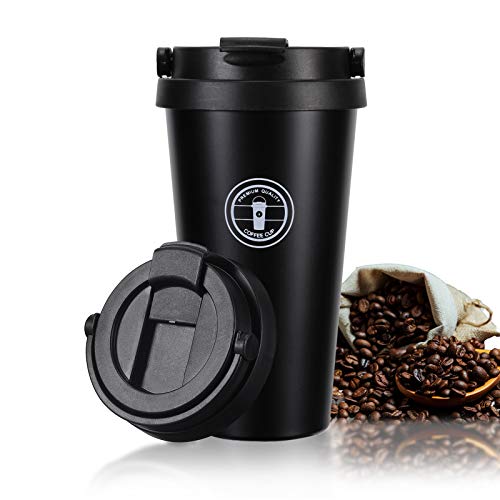 Jovego Termo Taza de Café, 500ml Vaso Termico de Viaje 100% a Prueba de Fugas, Taza de Acero Inoxidable para Beber con Aislamiento de Doble Pared, Tazas Cafe Reutilizable para Niños & Adultos(Negro)