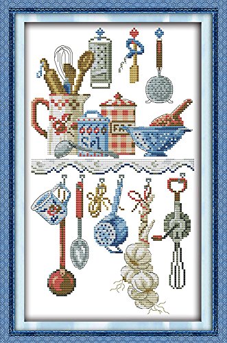 Joy Sunday Kit de punto de cruz con sello de gama completa de kits de bordado para principiantes, DIY 11CT, 3 hebras, utensilios de cocina de 11,4 x 18,9 cm