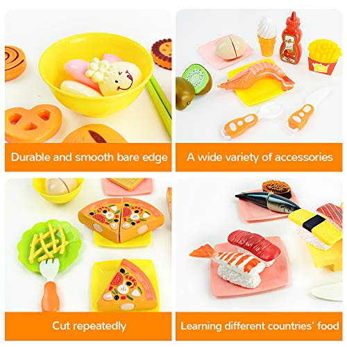 JoyGrow 70 PCS Alimentos de Juguete Pretend Food Toys Fruits Vegetable Fast Food Sushi Slicing Play Food Juguetes educativos Juego de Alimentos con Almacenamiento de Mochila (Orange)