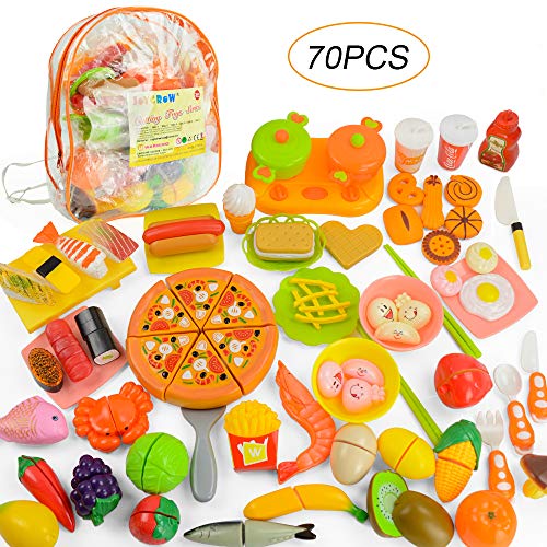 JoyGrow 70 PCS Alimentos de Juguete Pretend Food Toys Fruits Vegetable Fast Food Sushi Slicing Play Food Juguetes educativos Juego de Alimentos con Almacenamiento de Mochila (Orange)