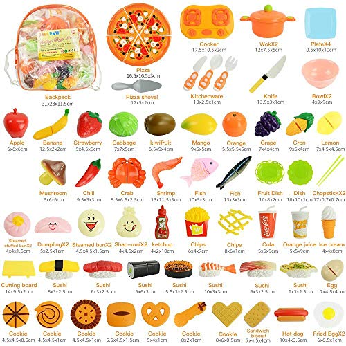 JoyGrow 70 PCS Alimentos de Juguete Pretend Food Toys Fruits Vegetable Fast Food Sushi Slicing Play Food Juguetes educativos Juego de Alimentos con Almacenamiento de Mochila (Orange)