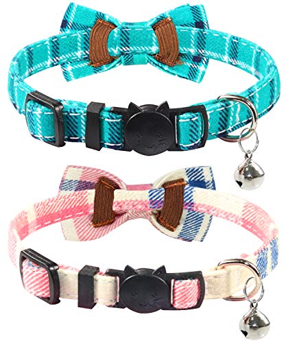 Joytale Collar para Gato con Pajarita & Cascabel, Collar Cierre Seguridad para Gatito,Rosa + Verde Azulado