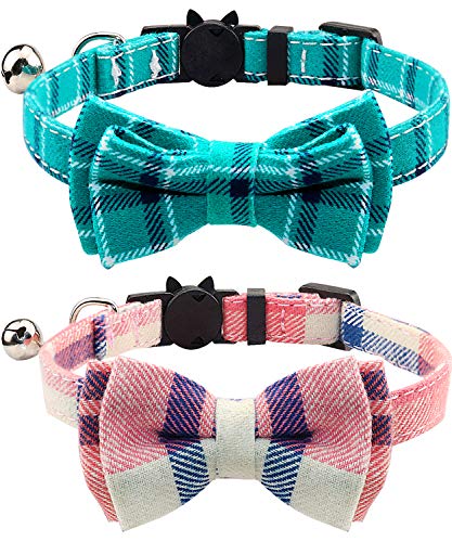 Joytale Collar para Gato con Pajarita & Cascabel, Collar Cierre Seguridad para Gatito,Rosa + Verde Azulado