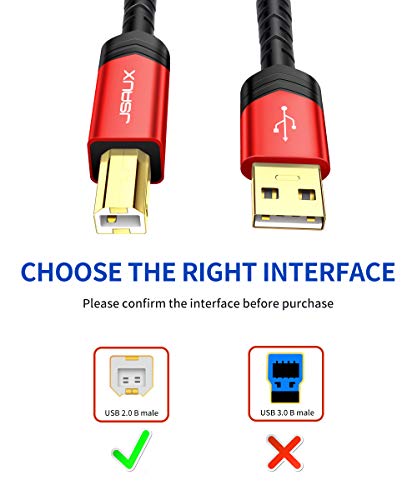 JSAUX Cable Impresora USB [3M] Duradero Cable Impresora Cable Tipo B 2.0 Compatible para Impresora HP, Epson,Canon,Brother,Lexmark,Escáner,Disco Duro,Fotografía Digital y Otros Dispositivos-Rojo