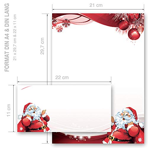 Juego completo de 20 componentes Navidad, CARTA A PAPÁ NOEL 10 hojas estampadas + 10 sobres estampados DL, sin ventanas | Paper-Media